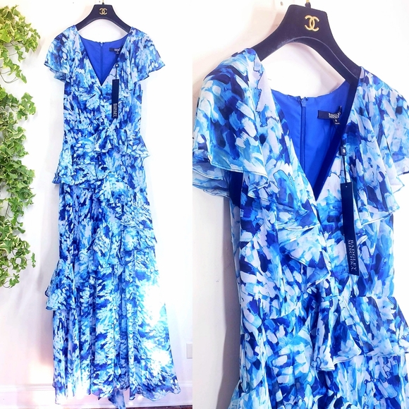 $890 NWT BADGLEY MISCHKA Blue Floral Tiered Gown 8 - Picture 3 of 9